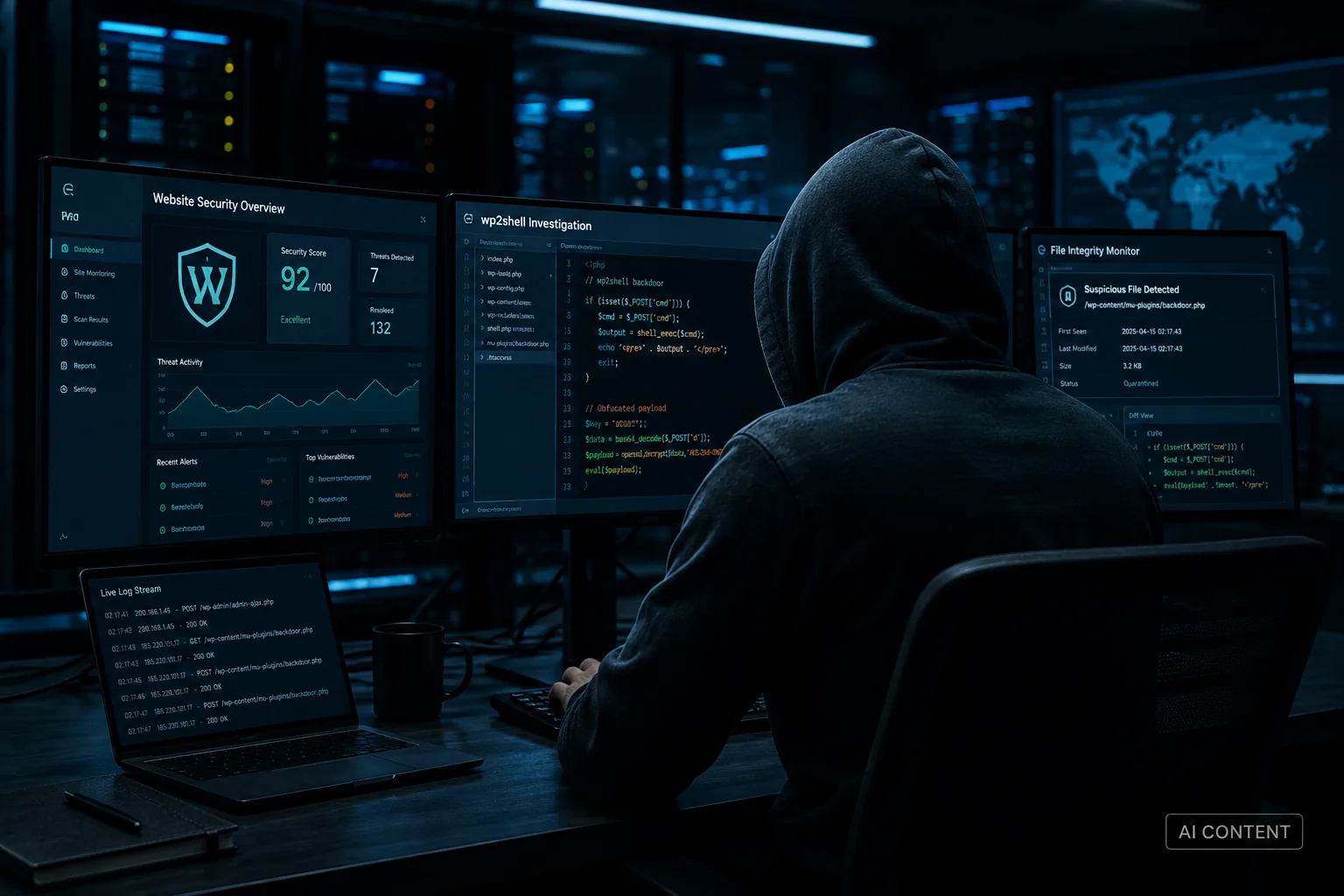 KI-Darstellung einer WordPress-Sicherheitsanalyse mit wp2shell-Bezug