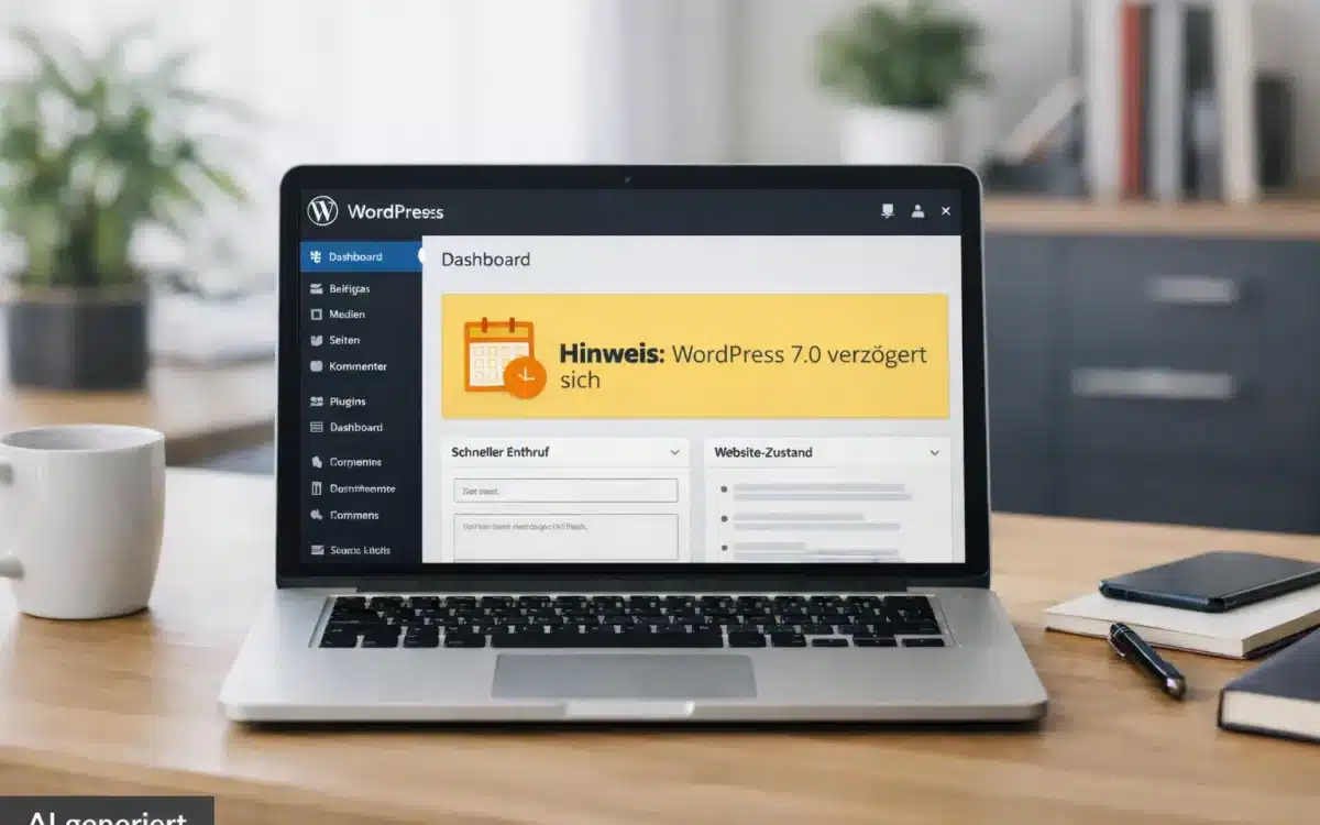 Laptop mit WordPress-Dashboard und Hinweis auf die verzögerte Veröffentlichung von WordPress 7.0 in einem modernen Büro