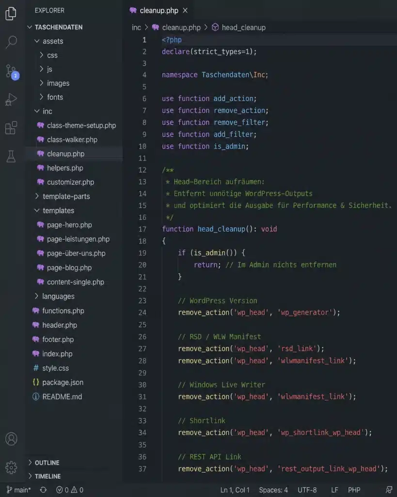 Dunkler Code-Editor mit WordPress-Theme-Code von Taschendaten.com als Symbol für individuelle Webentwicklung