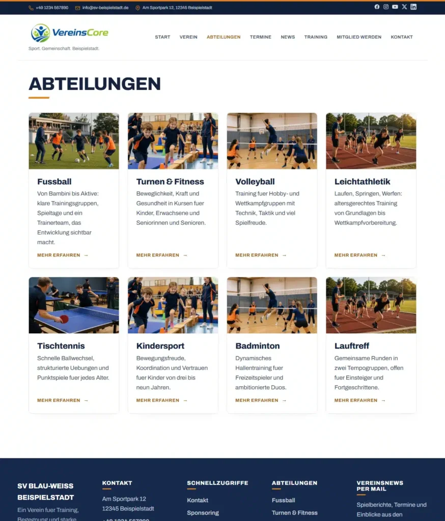 VereinsCore – Abteilungen als Kartenraster mit Fotos für Tischtennis, Kindersport, Badminton und Lauftreff