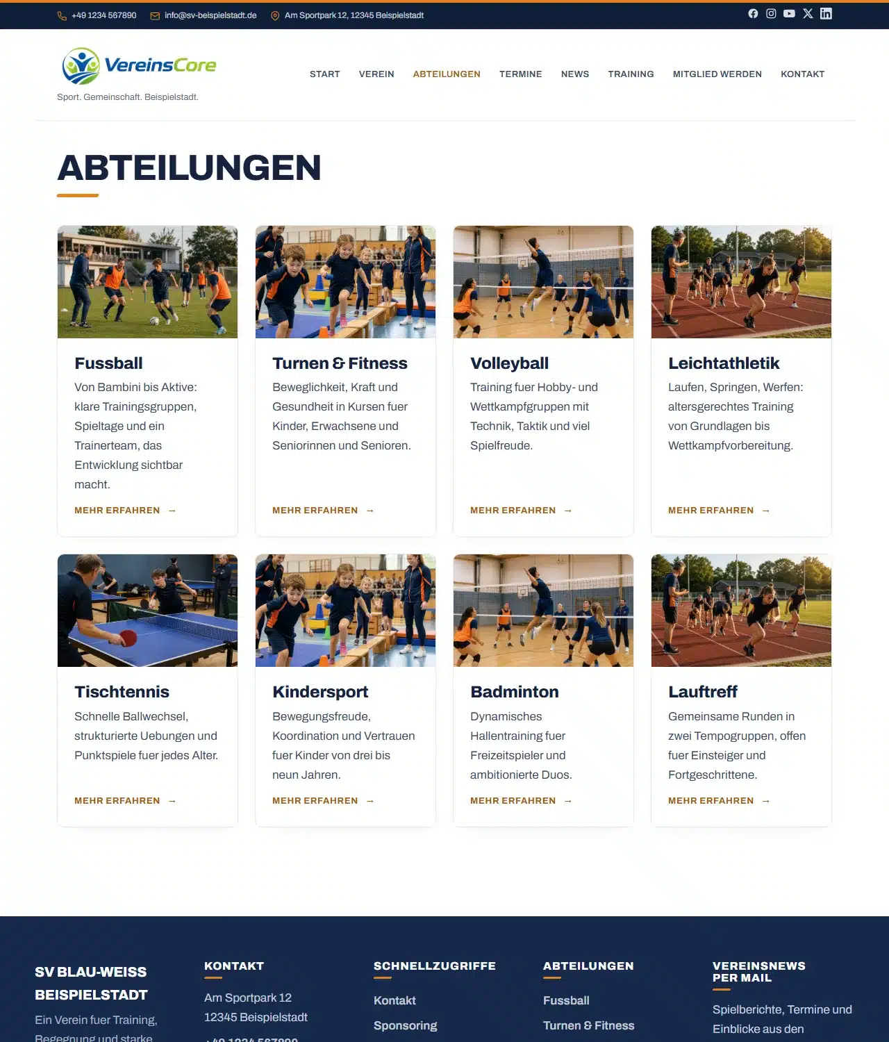 VereinsCore – Abteilungen als Kartenraster mit Fotos für Tischtennis, Kindersport, Badminton und Lauftreff