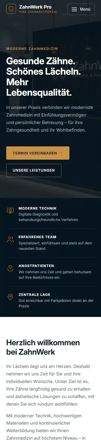 ZahnWerk Pro – mobile Ansicht der Startseite
