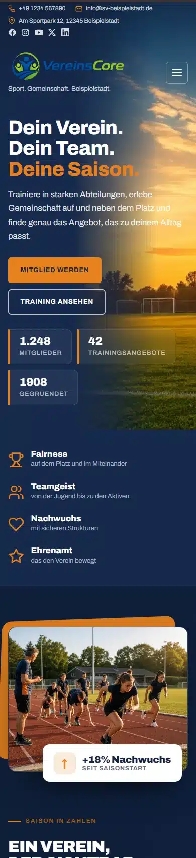 VereinsCore – Startseite auf dem Smartphone mit Hero, Buttons und Kennzahlen