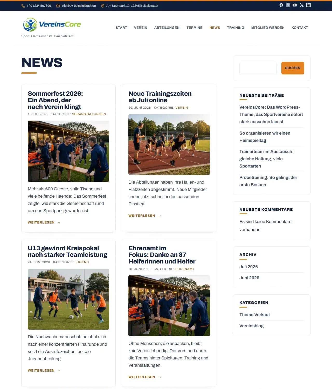VereinsCore – News-Übersicht mit Beitragskarten, Fotos und Seitenleiste