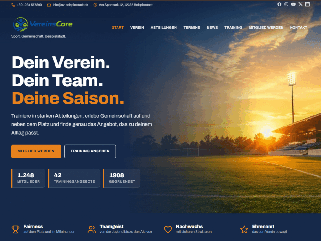 VereinsCore – Startseite des WordPress-Themes für Vereine mit Hero, Kennzahlen und Werteband
