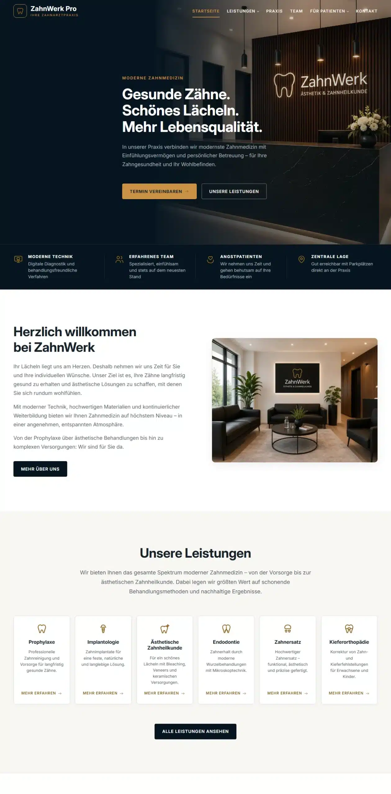 ZahnWerk Pro – Startseite mit Hero, Vertrauensleiste und Leistungskarten