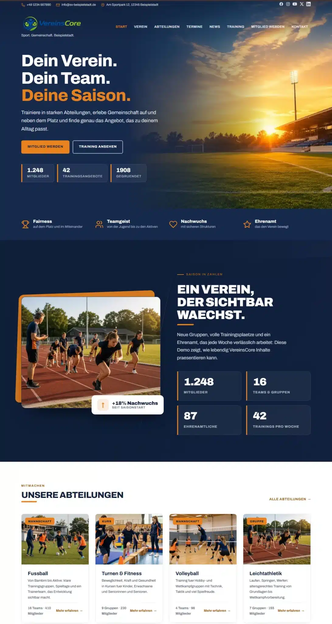 VereinsCore – oberer Teil der Demo-Startseite des WordPress-Themes für Vereine mit Hero, Werte-Band, Saison in Zahlen und Abteilungen