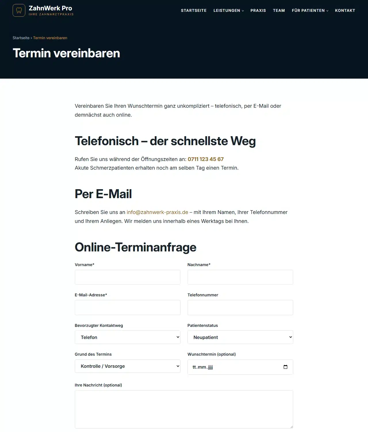 ZahnWerk Pro – Termin-vereinbaren-Seite