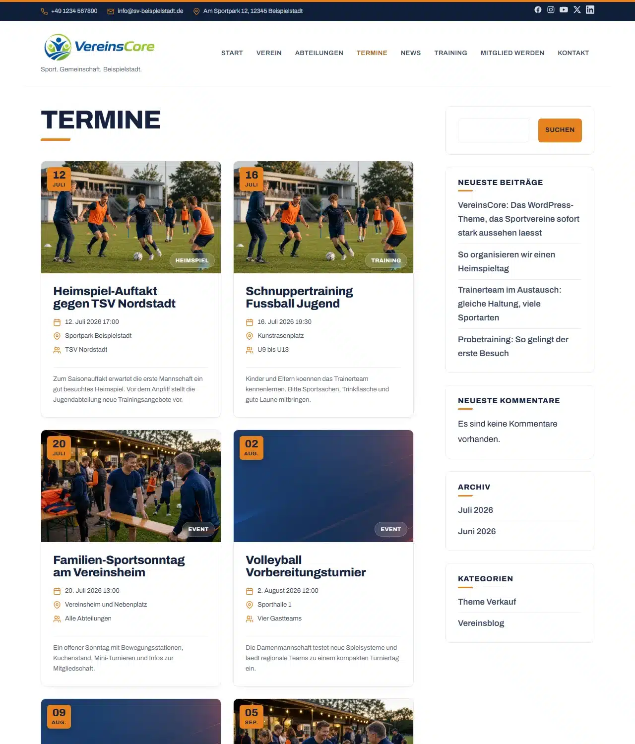 VereinsCore – Termin-Übersicht mit Datums-Badges, Familien-Sportsonntag und Volleyball-Turnier