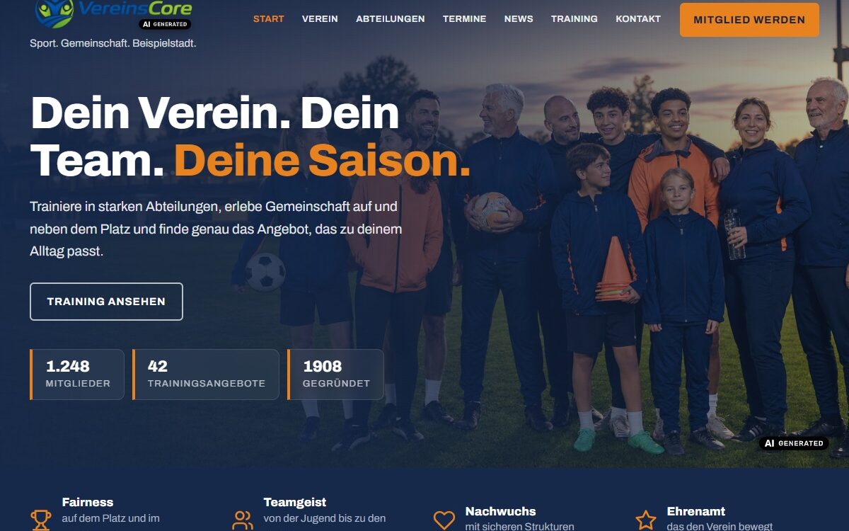 VereinsCore 1.2.4 auf dem Desktop: Hero mit Vereinsmannschaft, Navigation, Kennzahlen und KI-Kennzeichnungen